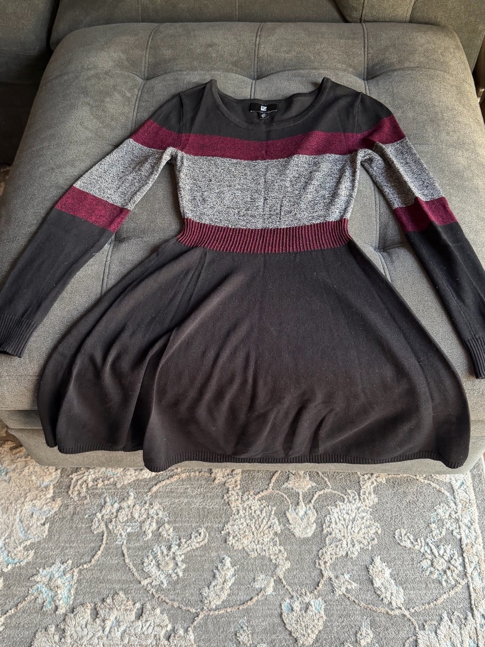 Iz Byer Black Long-Sleeve Fit & Flare Dress with Burgundy and Gray Stripes